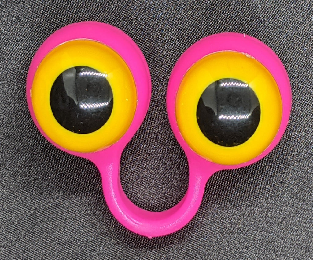 Pink pair of Peepers Puppets with Yellow Eyes.